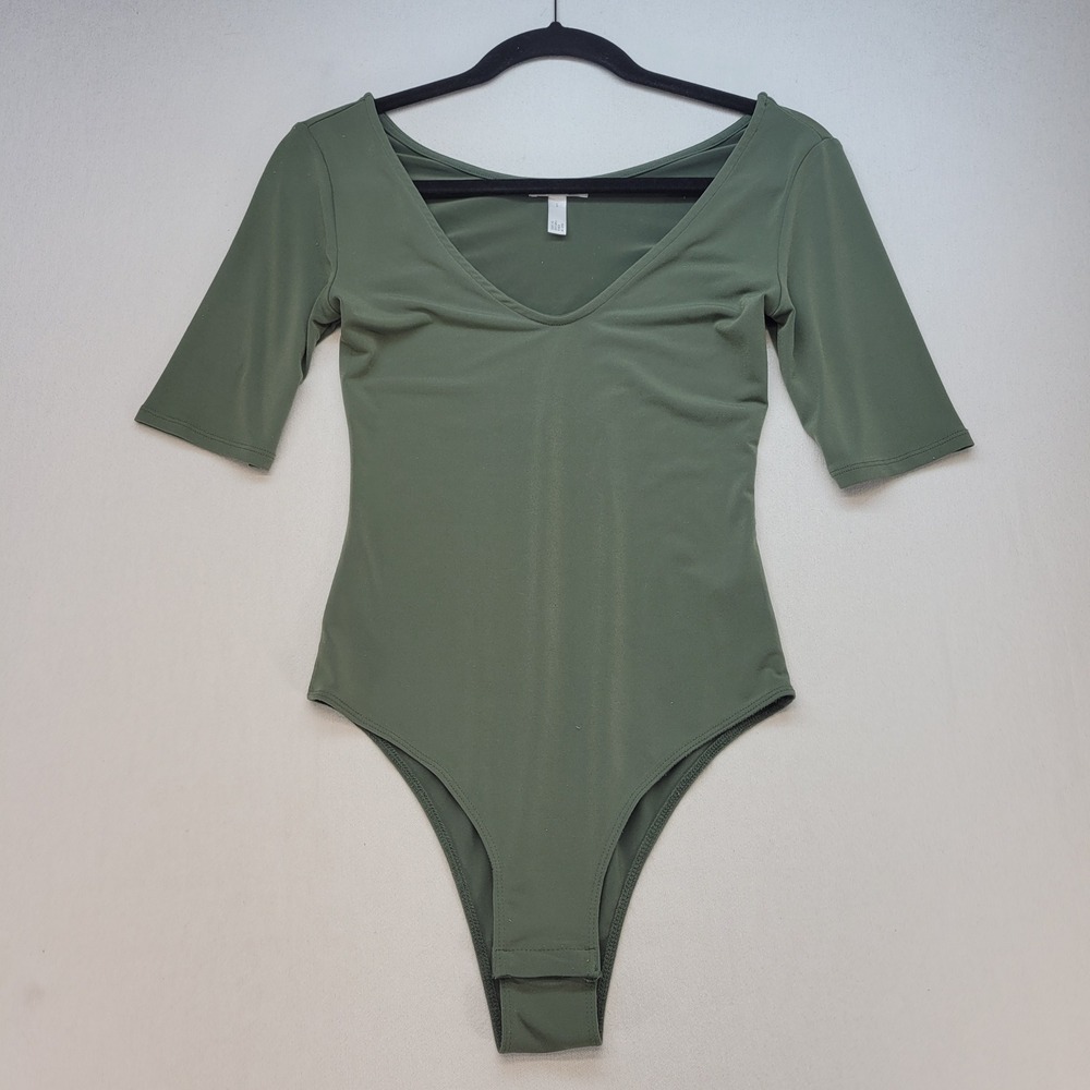 Leith Bodysuit Womens Small Green V-Neck Elbow Sleeve Stretch Basic